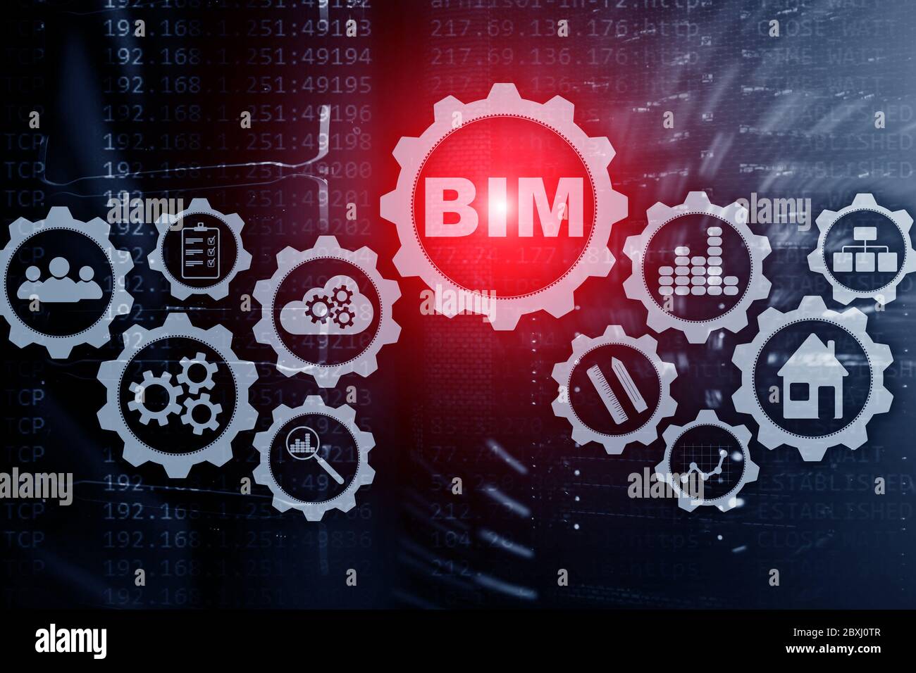 Building Information Modeling. BIM on datacenter supercomputer background. Stock Photo