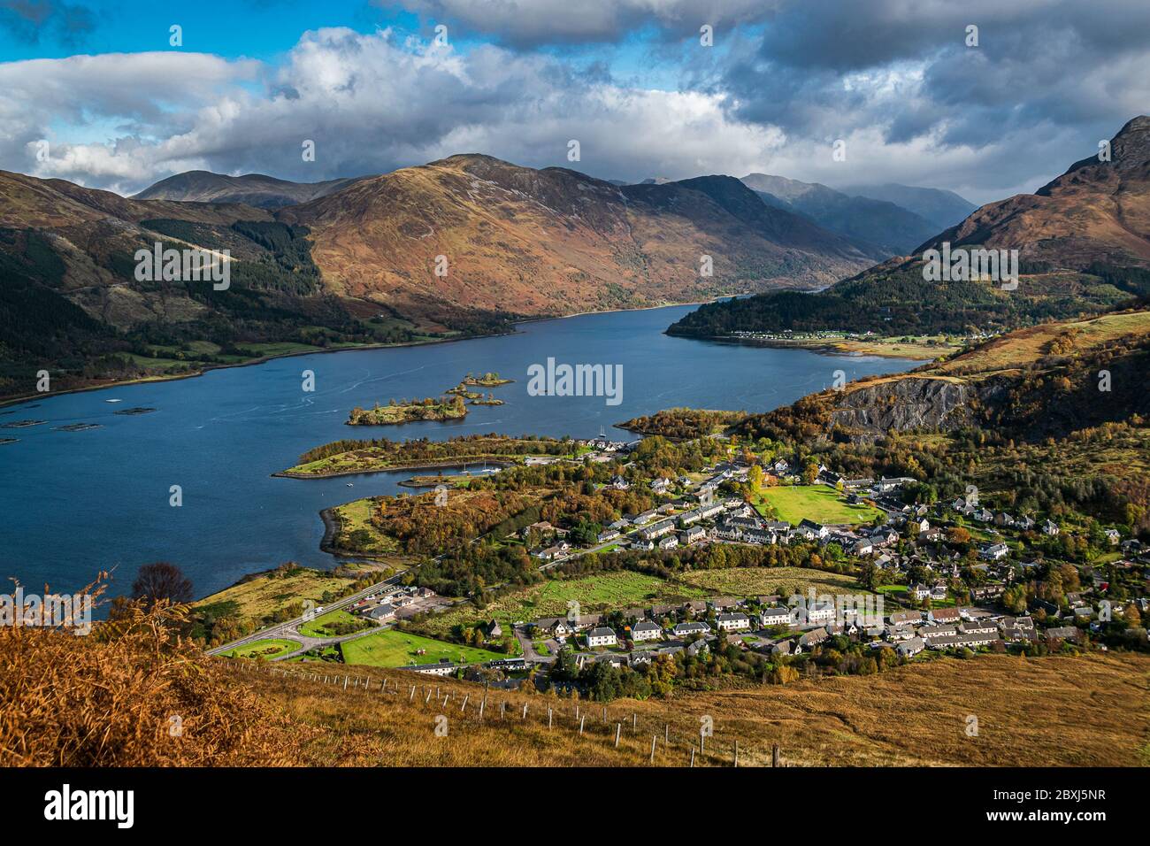 Autumn view of Scottish village of Ballachulish and Loch Leven in famous Glen Coe in Scottish Highlands. Stock Photo