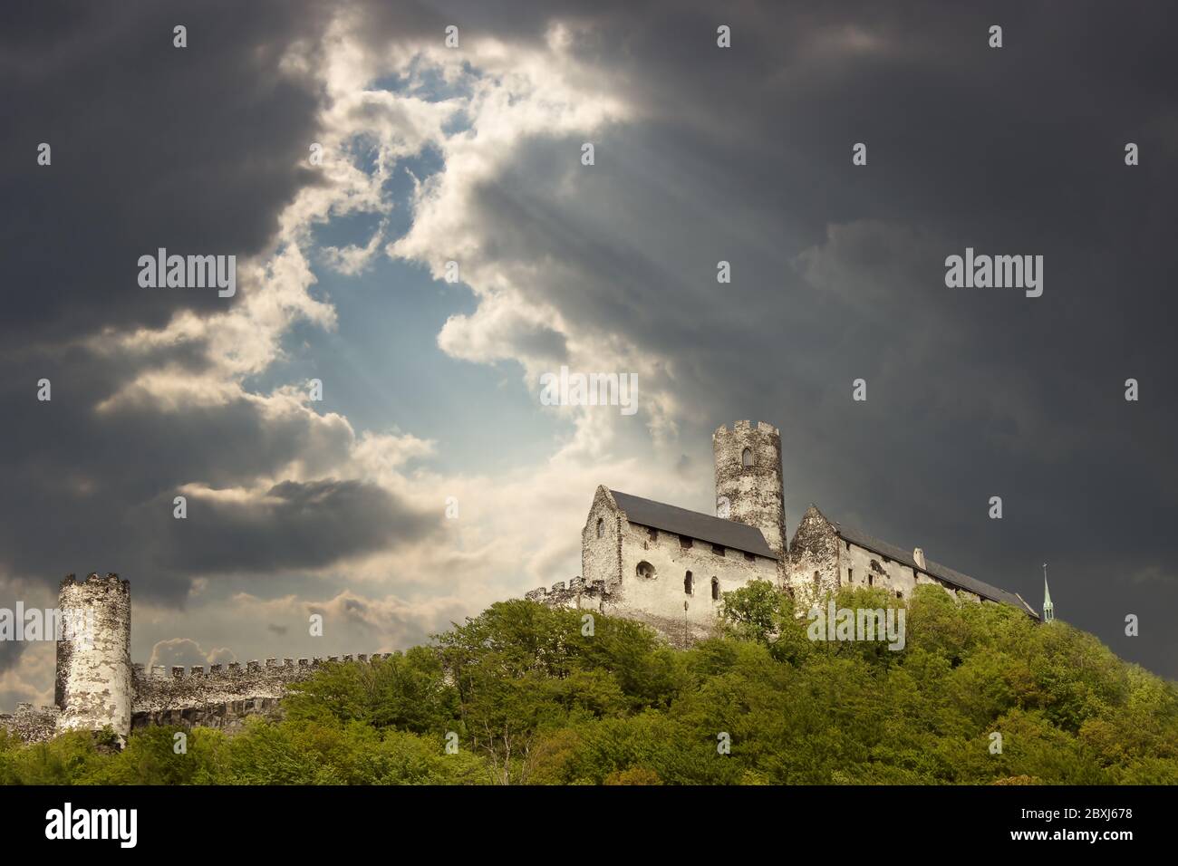 Panoramic view of Bezdez castle  with big tower in the Czech Republic. In the foreground there are trees, in the background is a hill with castle and Stock Photo