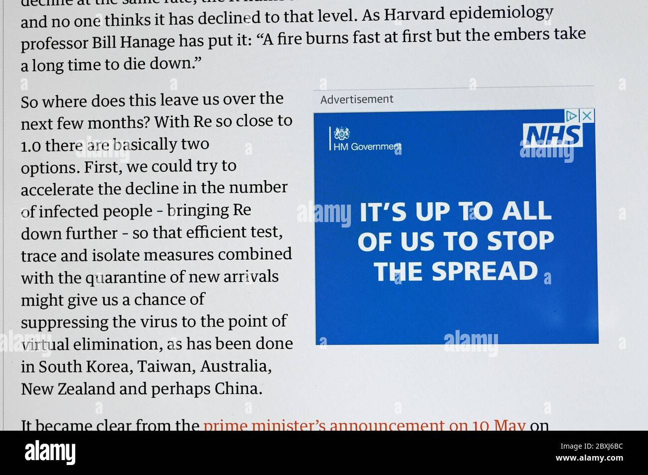 UK government and NHS on-line advert during the Covid-19 pandemic "Its up to all of us to stop the spread". Stock Photo