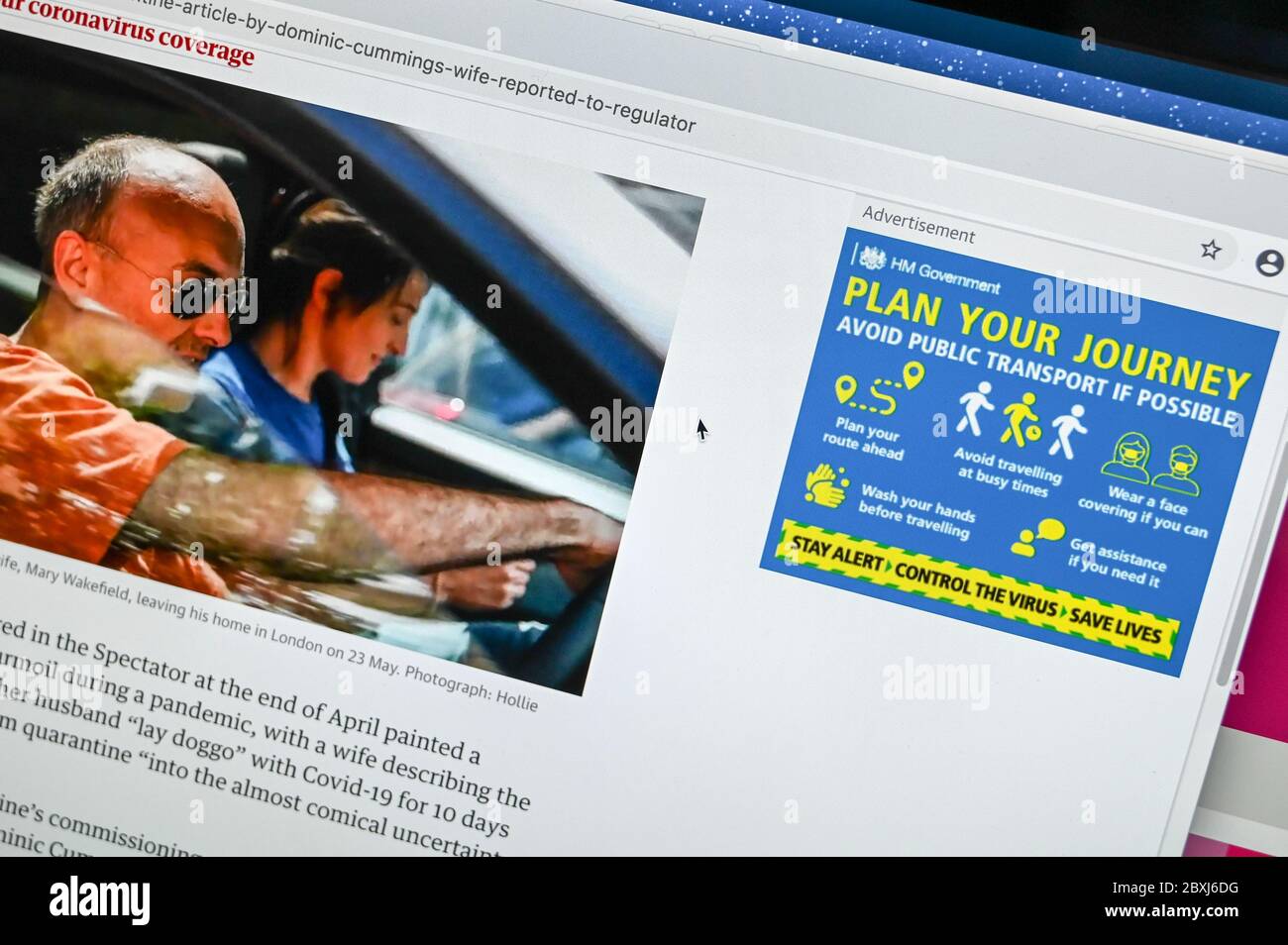 On line advert during the Covid-19 pandemic 'Plan your journey' juxtaposed against a press photo of Dominic Cummings driving a car. Stock Photo