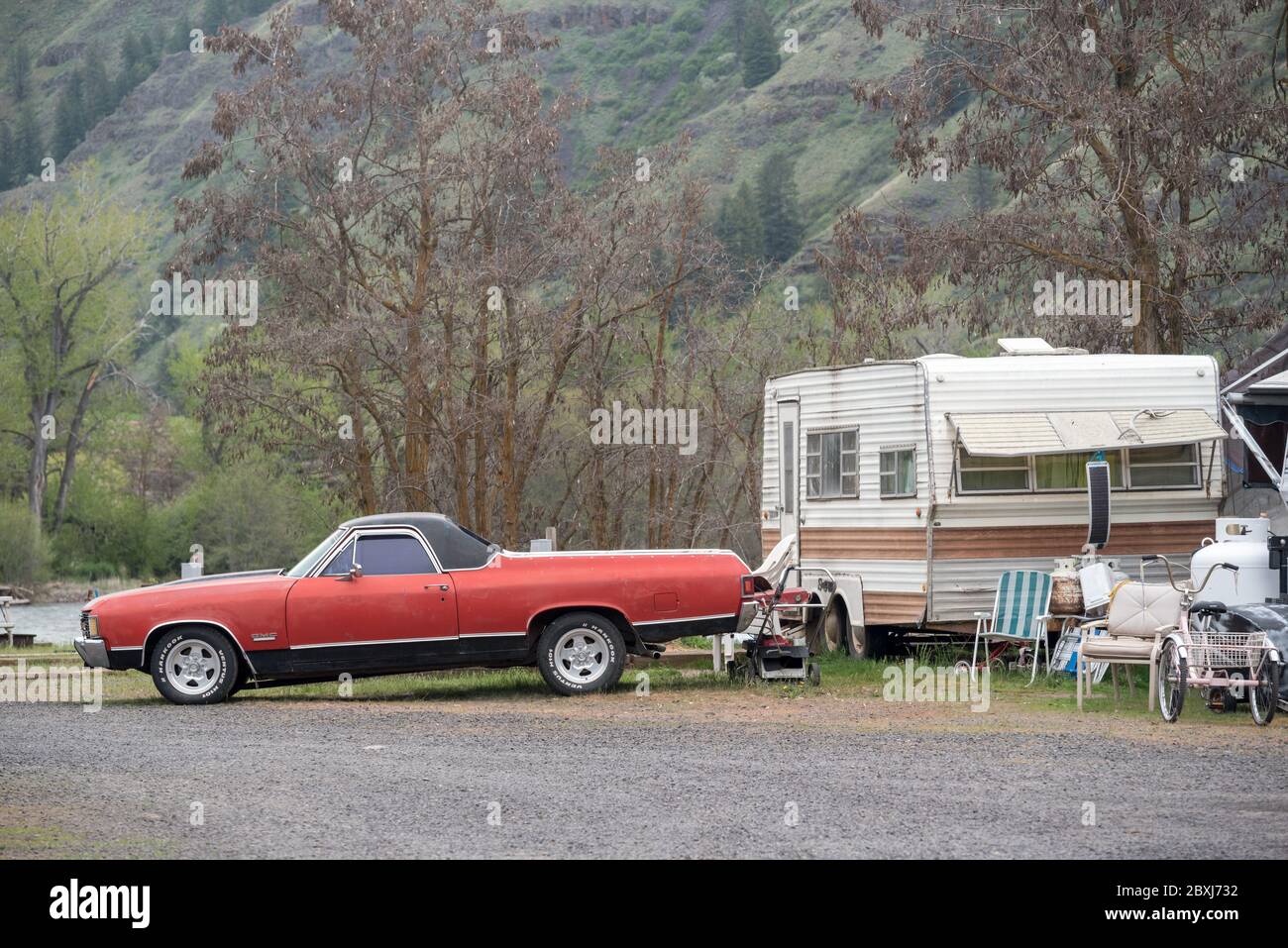 Camping on the bank of the Grande Ronde River in Troy, Oregon. Stock Photo