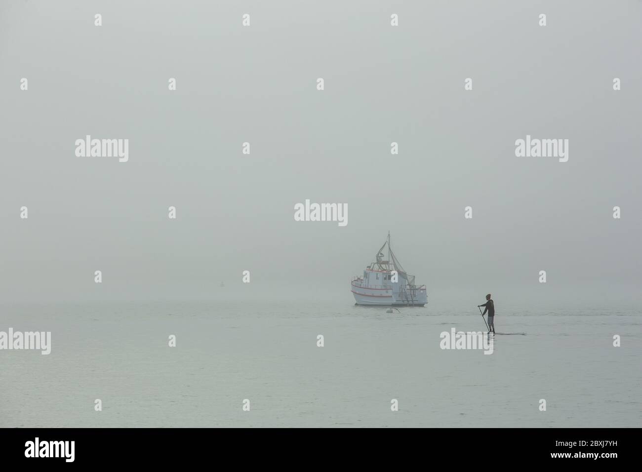 Stand Up Paddle or SUP board surf in the fog at Akaroa harbor, Akaroa, New Zealand. Stock Photo