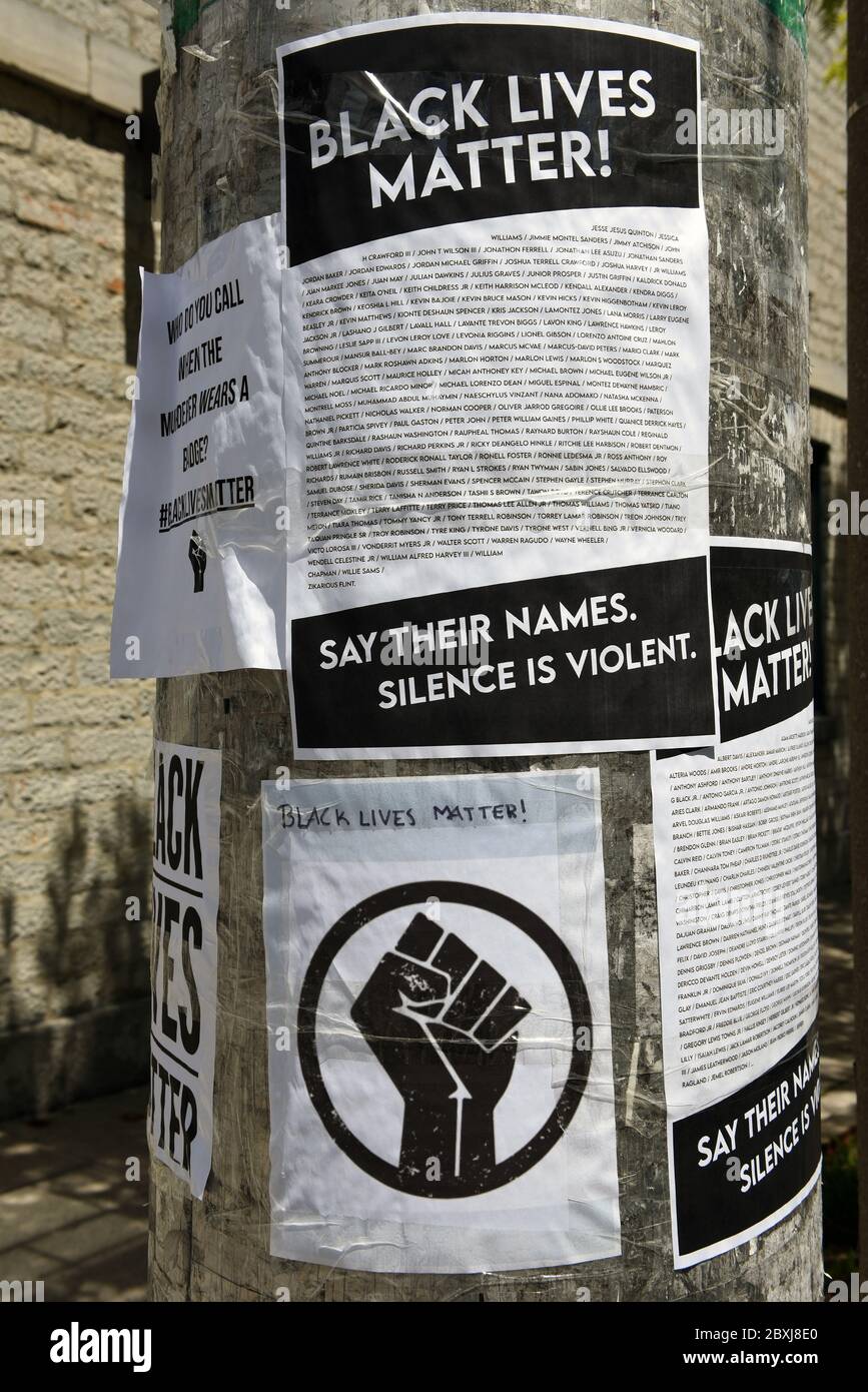 Ottawa, Canada - June 7, 2020: Sign in the Byward Market area for Black Lives Matter and sign containing names of several victims who were lost due to Stock Photo