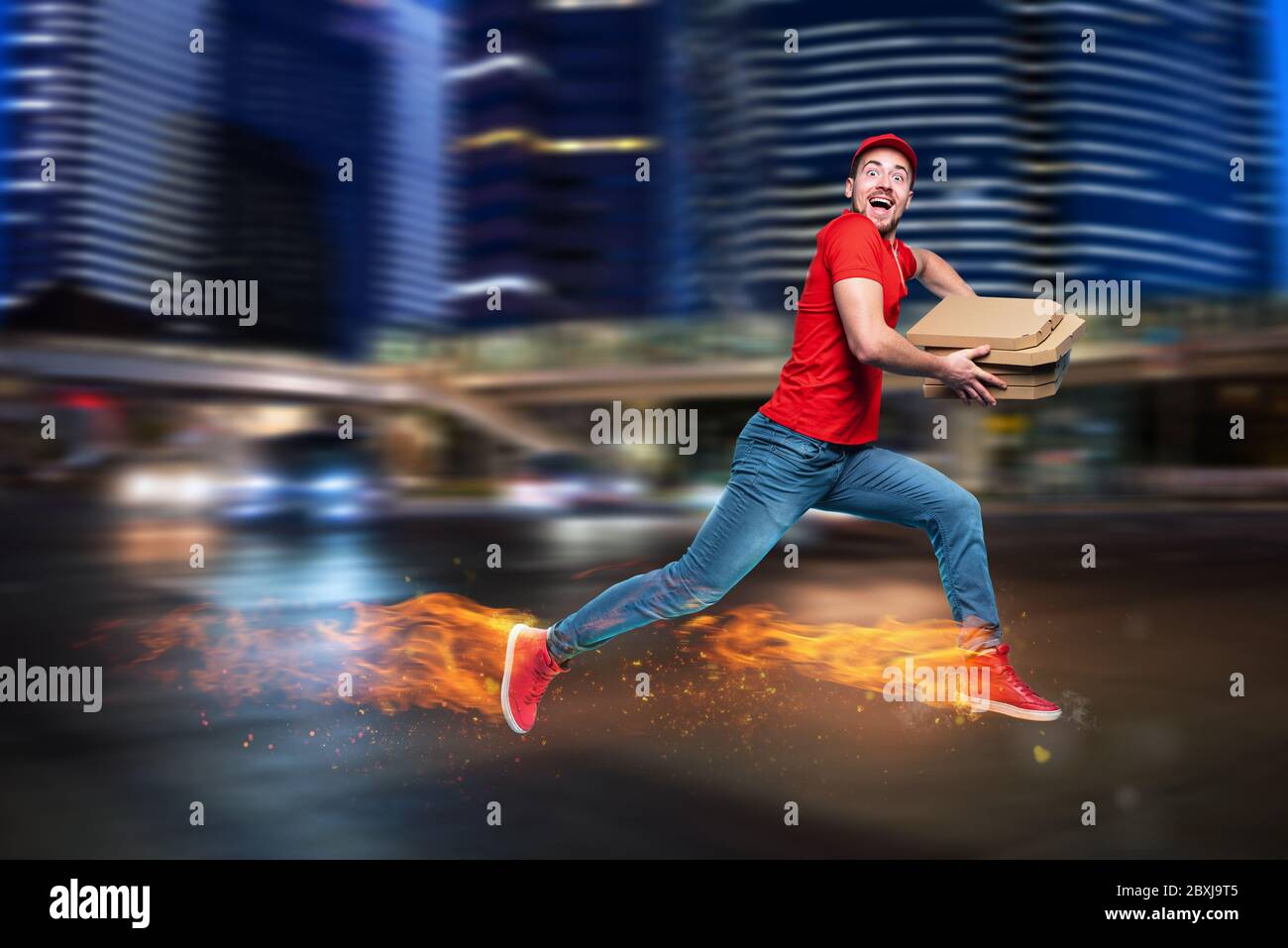 Courier runs fast to deliver quickly pizzas with fiery feet. Cyan background Stock Photo