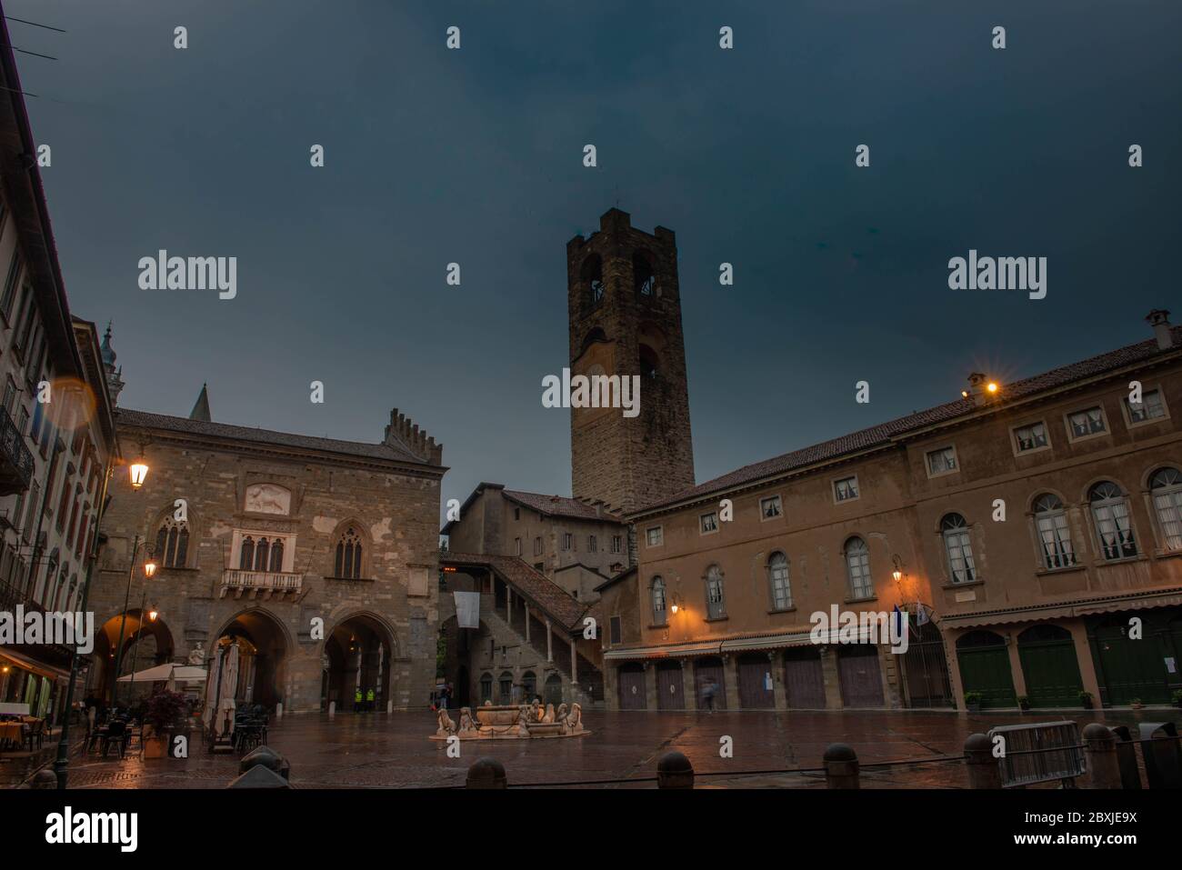 Bergamo old square at the end of the day Stock Photo