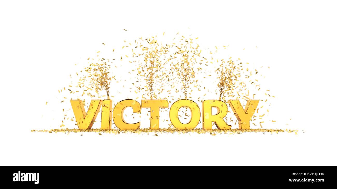 word Victory with confetti golden letters, white background 3D rendering Stock Photo