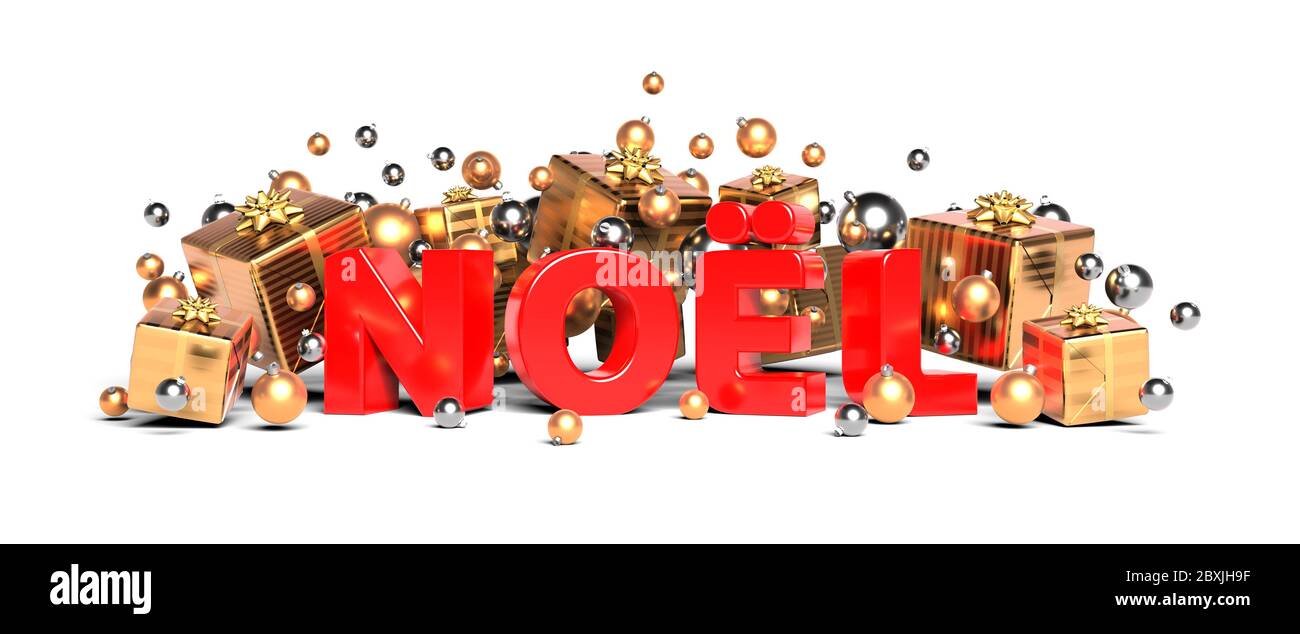 gifts and word Noël = Christmas in French - 2020 3D rendering Stock Photo