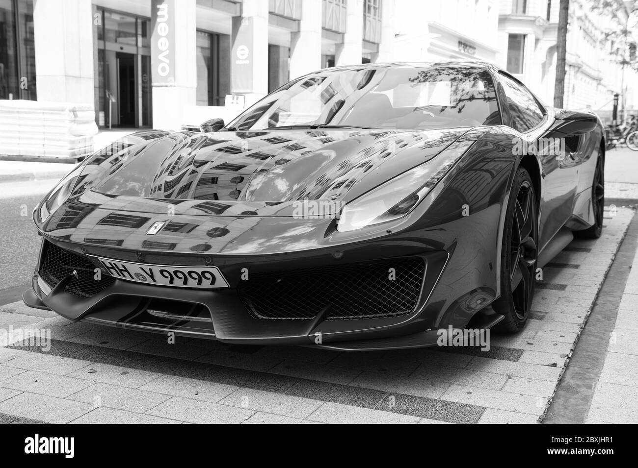 Hamburg, GermanyJuly 27, 2019 Supercar red Ferrari 488 Pista parked