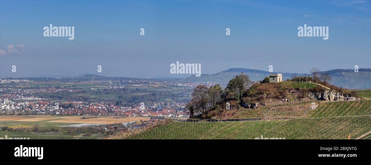 View from the vineyards near the small village of Strümpfelbach down to the Rems valley. Stock Photo