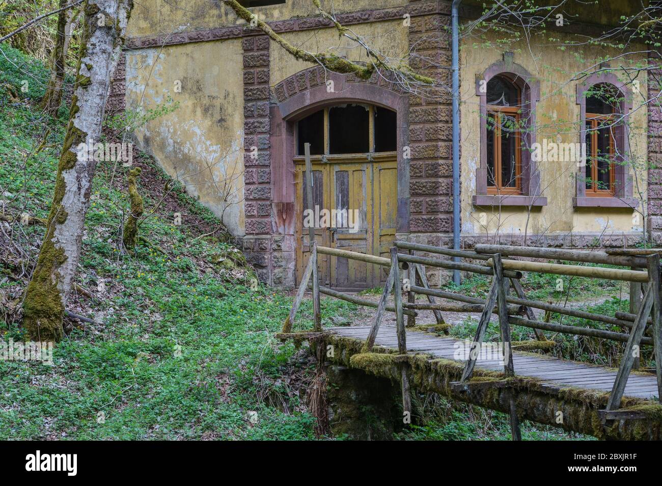 Wooden footbridge to the former machine house of the castle mill in the Gauchach gorge. Stock Photo