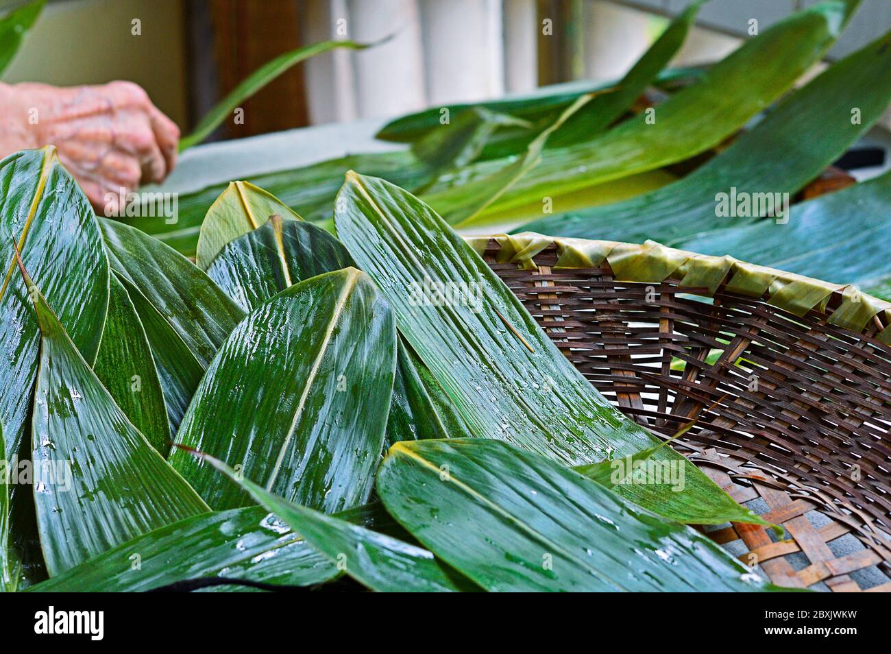 Fresh Leaves Prepared for Making Zongzi, the Traditional Chinese Food Rice Dumplings for Dragon Boat Festival (Duanwu Festival) Stock Photo