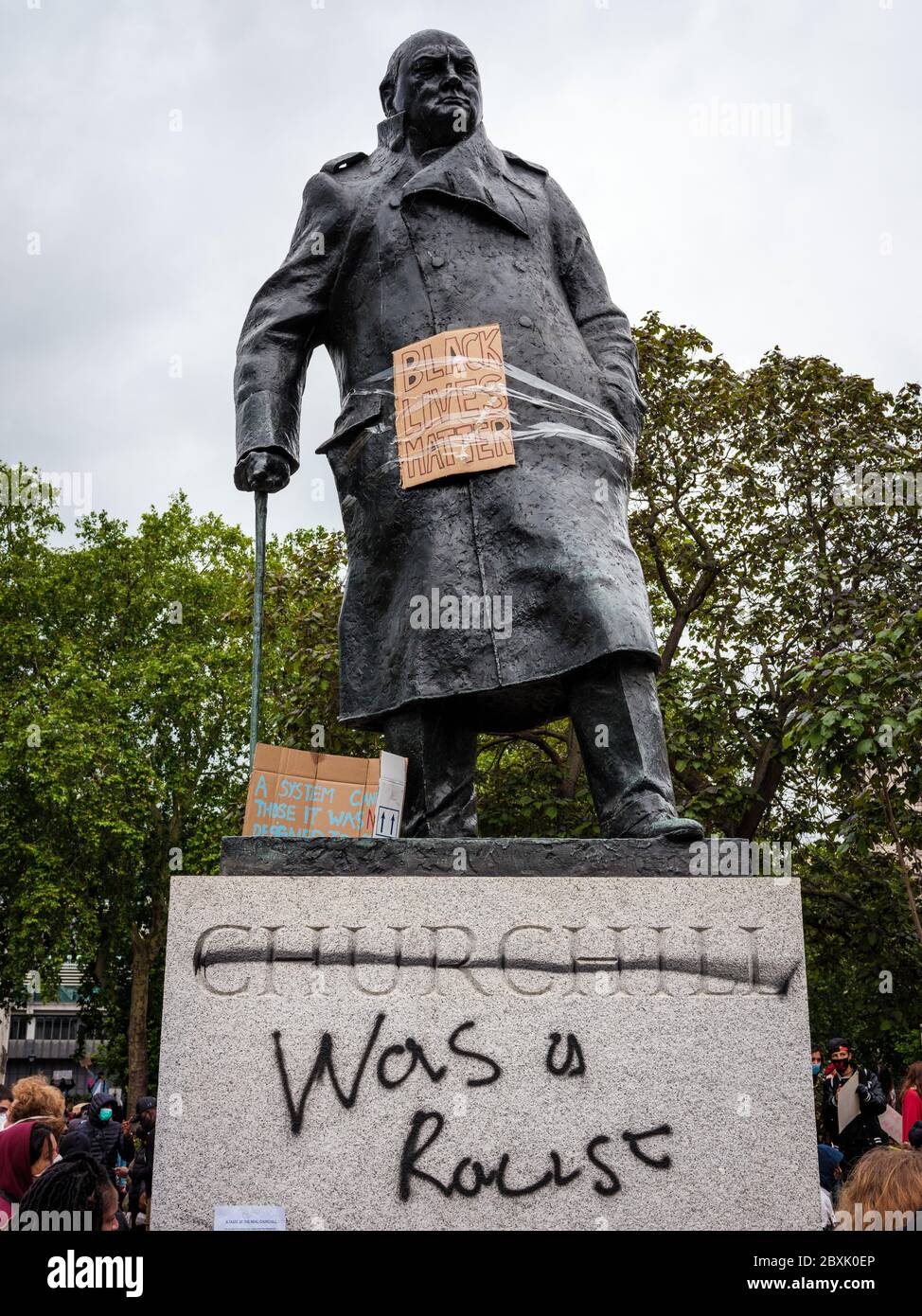 London, UK. 7th June, 2020. Defaced Winston Churchill statue in Parliament Square in London.  In memory of George Floyd who was killed on the 25th May while in police custody in the US city of Minneapolis. Credit: Yousef Al Nasser Stock Photo