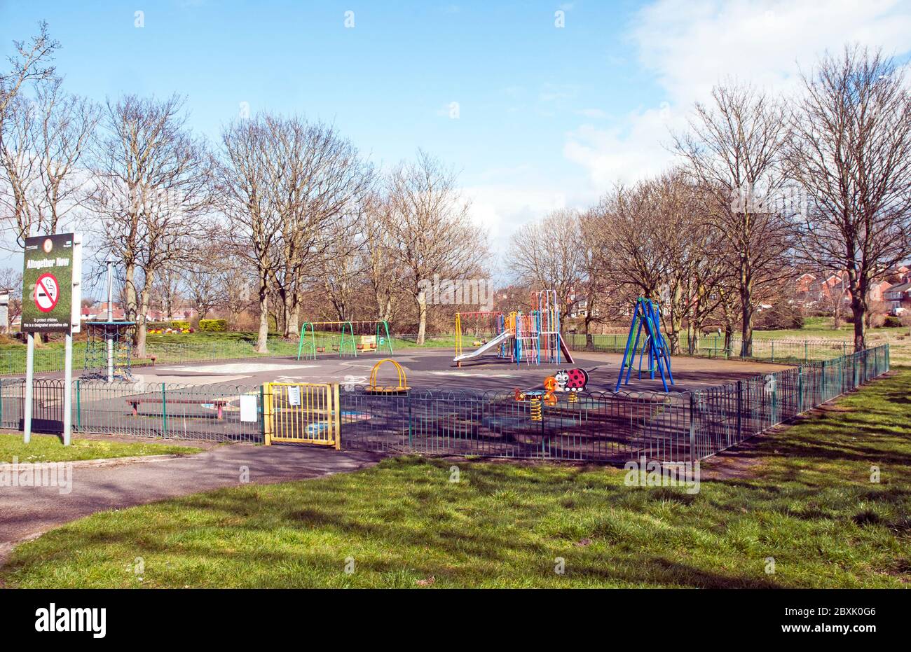 Childrens playground closed and deserted due to being locked down because of Corona virus covid 19. Kingscote Park Blackpool Lancashire England UK Stock Photo