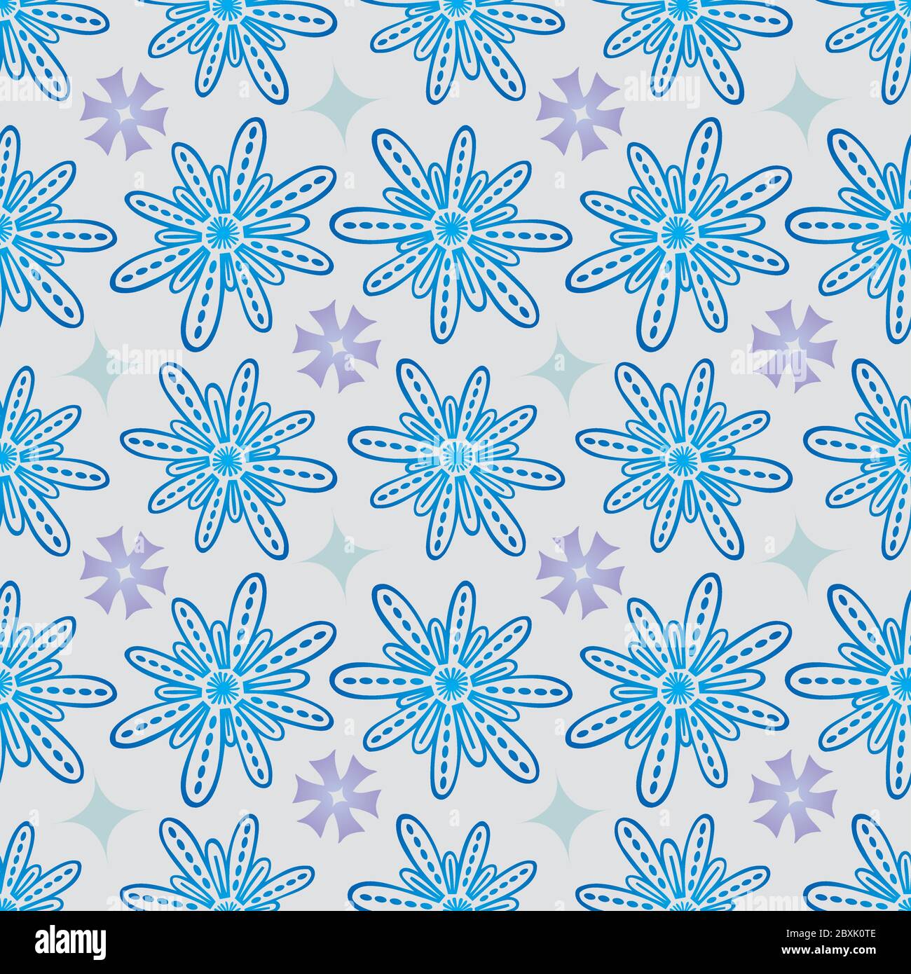 Flower Seamless Pattern in Blue and Purple - Pastel Colors on Gray Background Stock Vector