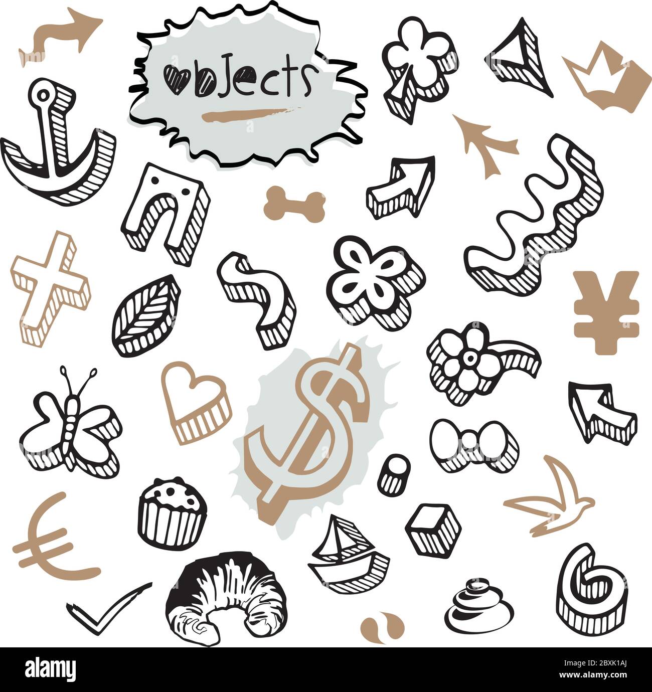 Set of Doodles - Elements and Objects Black and Brown Gold Colors Stock Vector