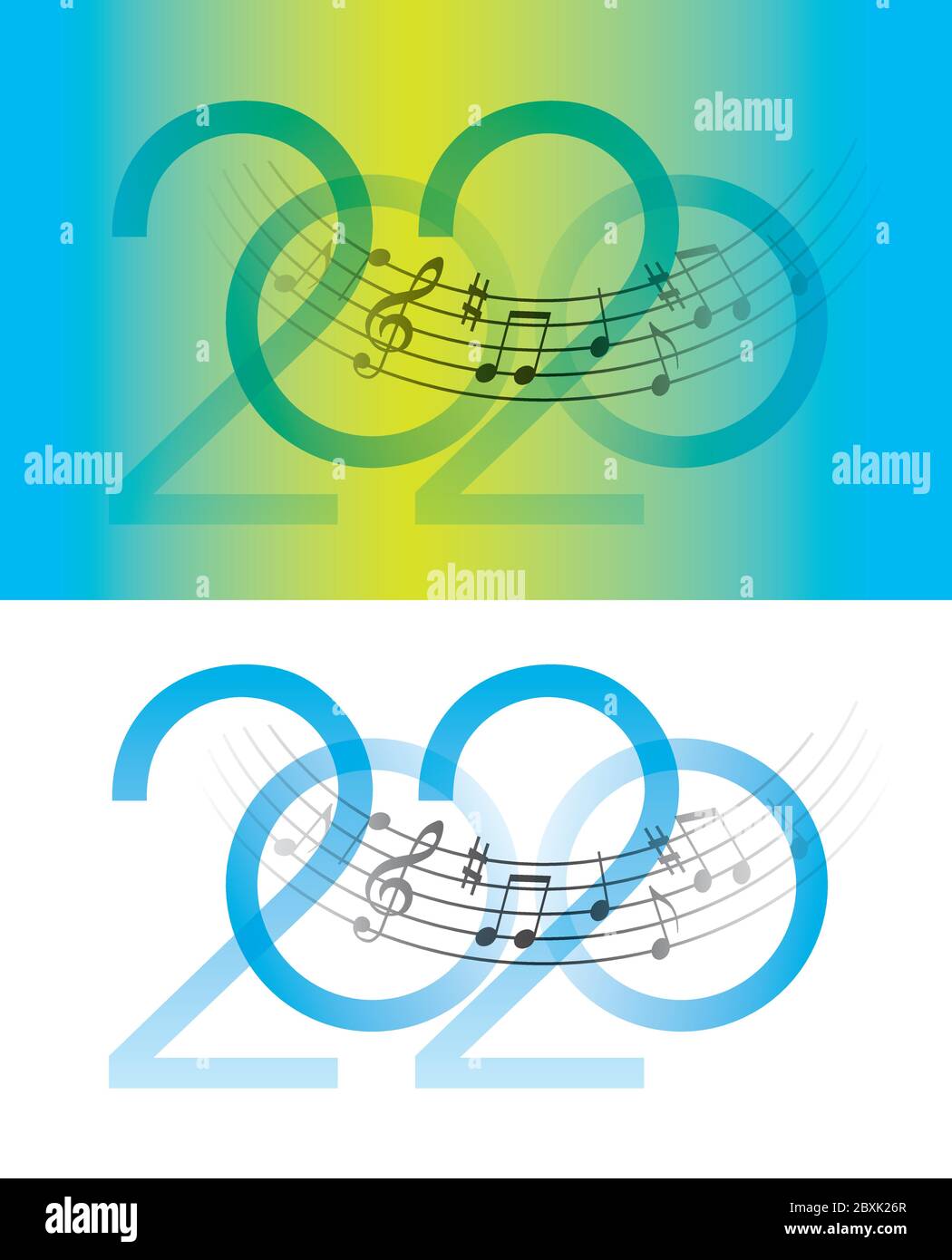 Musical Year 2020 with musical notes. Inscription 2020 with wavy musical notes. Vector available. Stock Vector