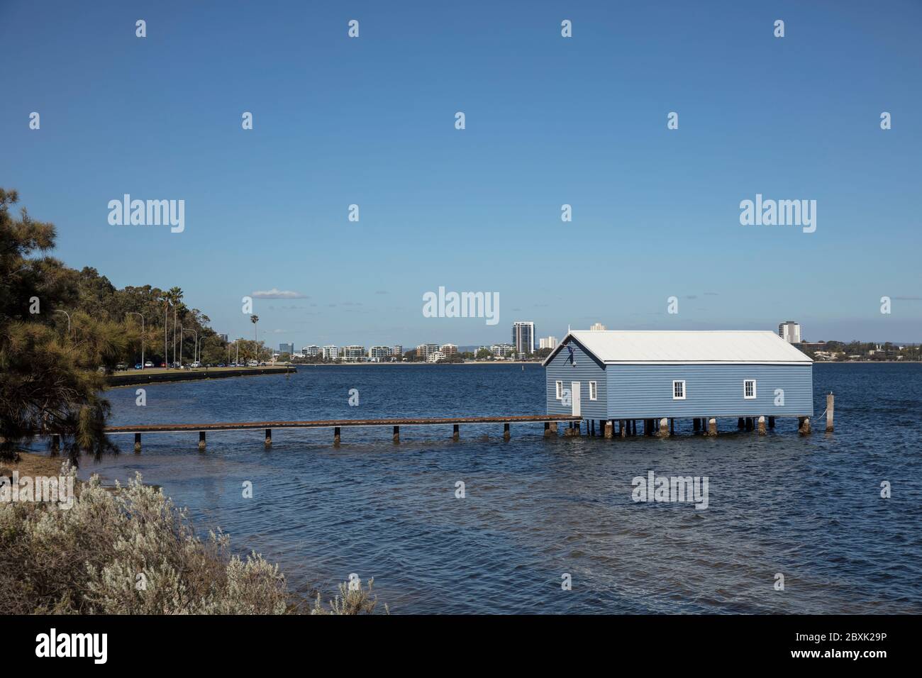 Typical view of the iconic Crawley Edge boatshed in Perth, Western Australia Stock Photo