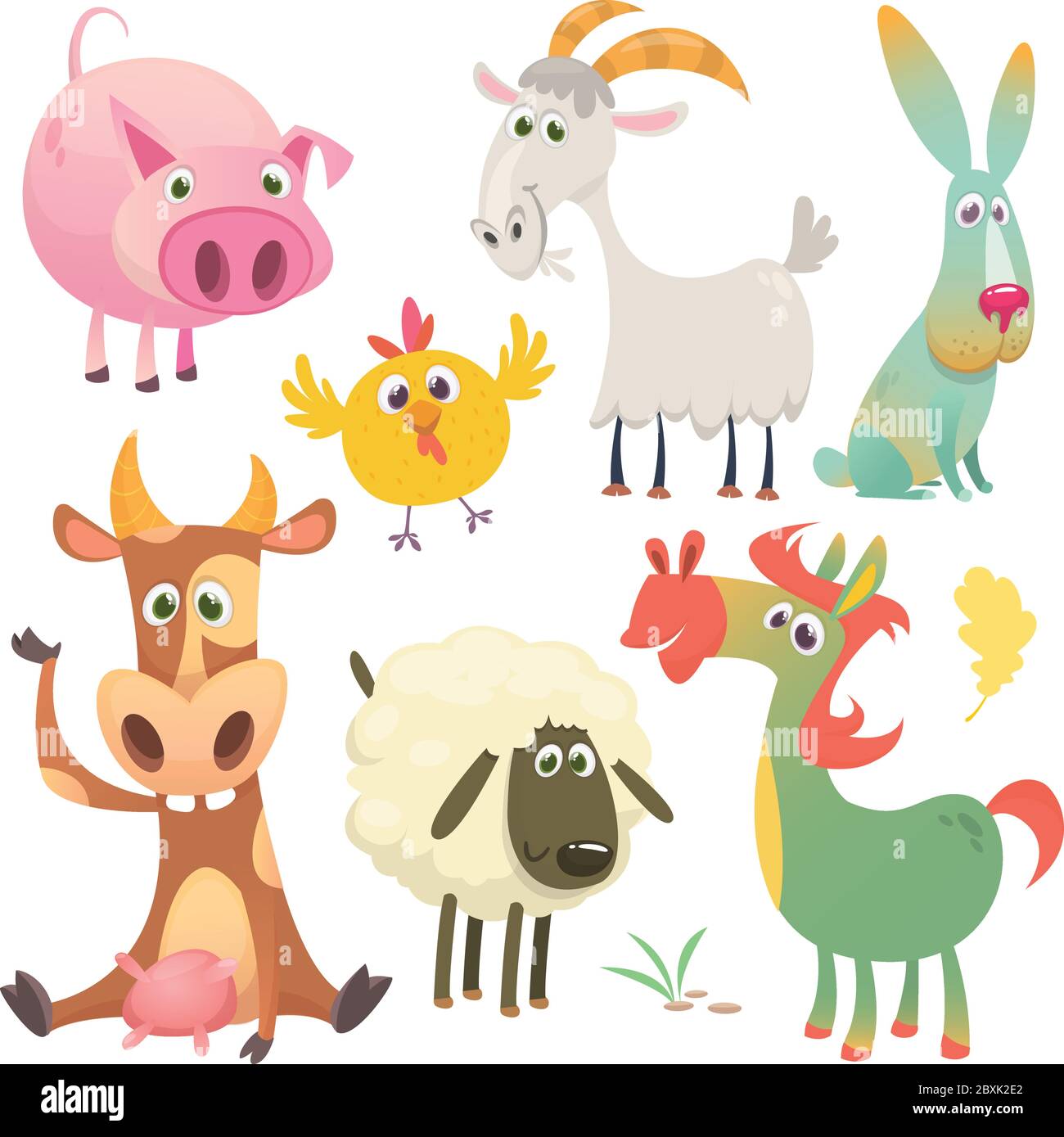 Cartoon farm animals set. Vector illustration. Cow, horse, chicken, bunny rabbit, pig, goat and sheep Stock Vector