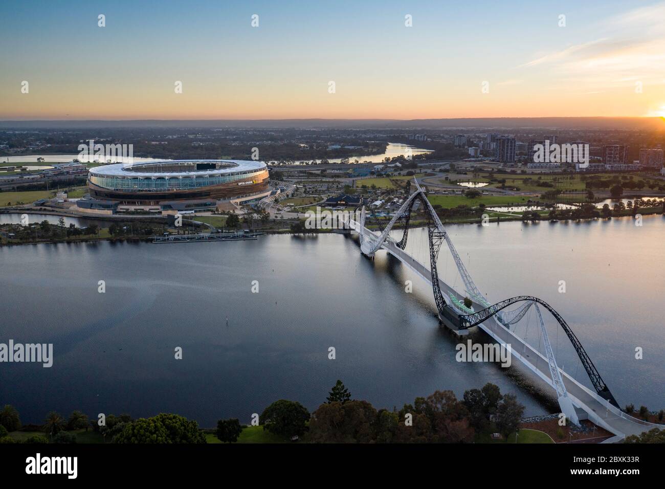 Perth Australia November 5th 2019: Panoramic aerial view of the Optus stadium and Matagarup bridge in Perth, Western Australia Stock Photo