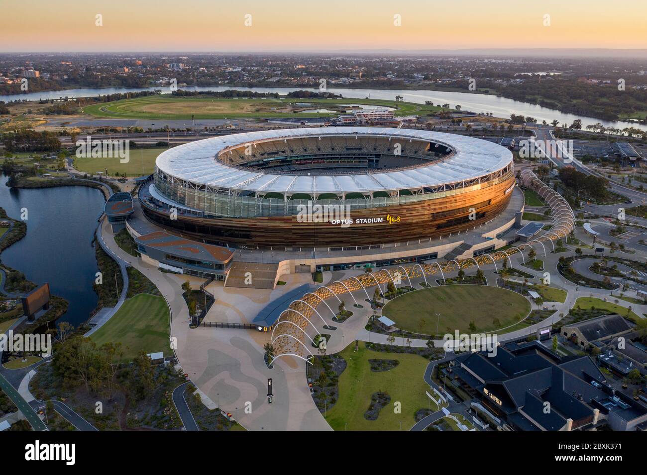 Perth Australia November 5th 2019: Aerial view of the Optus stadium at dawn in Perth, Western Australia Stock Photo