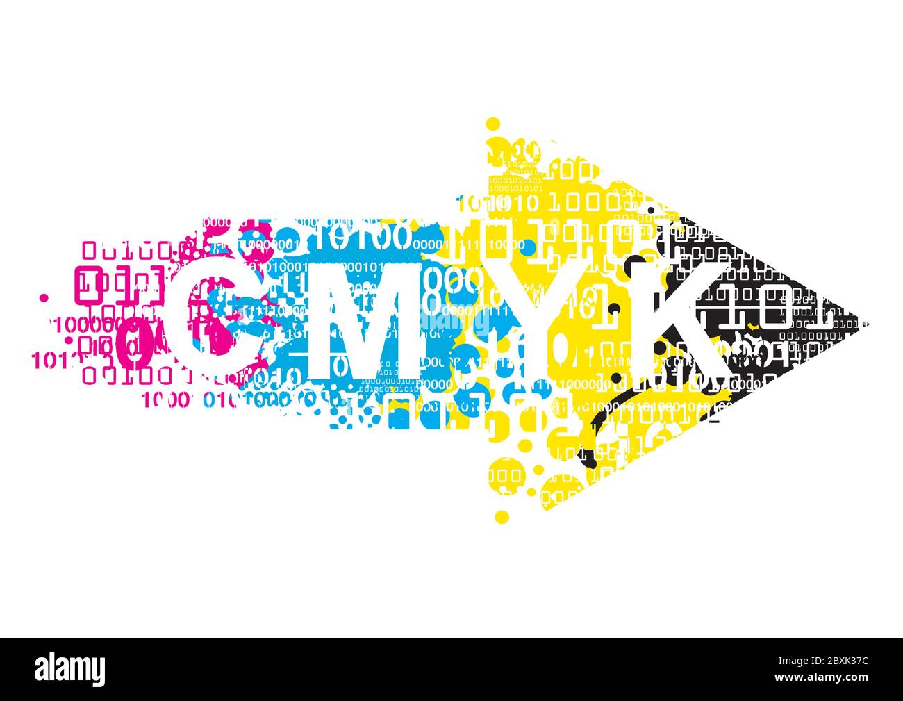Expressive Arrow with binary codes, print data. Grunge stylized arrow with binary codes and CMYK inscription. Vector available. Stock Vector