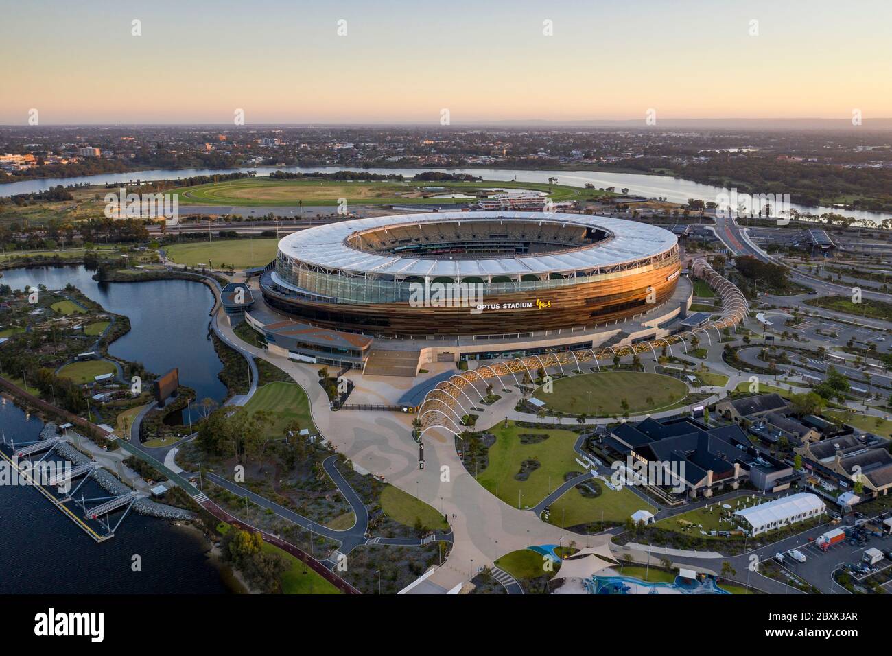 Perth Australia November 5th 2019: Aerial view of the Optus stadium at dawn in Perth, Western Australia Stock Photo