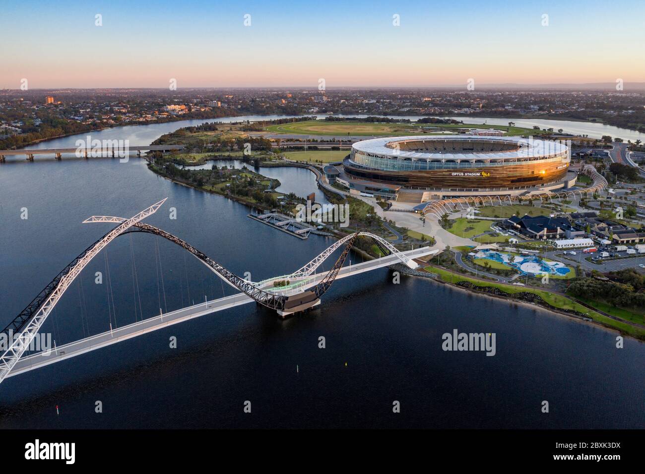 Perth Australia November 5th 2019: Panoramic aerial view of the Optus stadium and Matagarup bridge in Perth, Western Australia Stock Photo