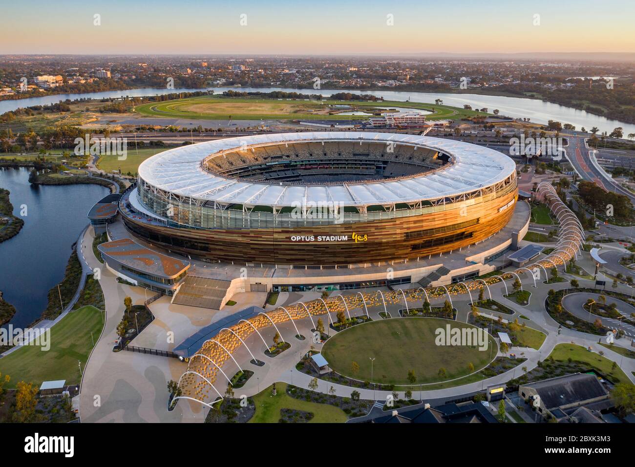 Perth Australia November 5th 2019: Aerial view of the Optus stadium at dawn in Perth, Western Australia Stock Photo