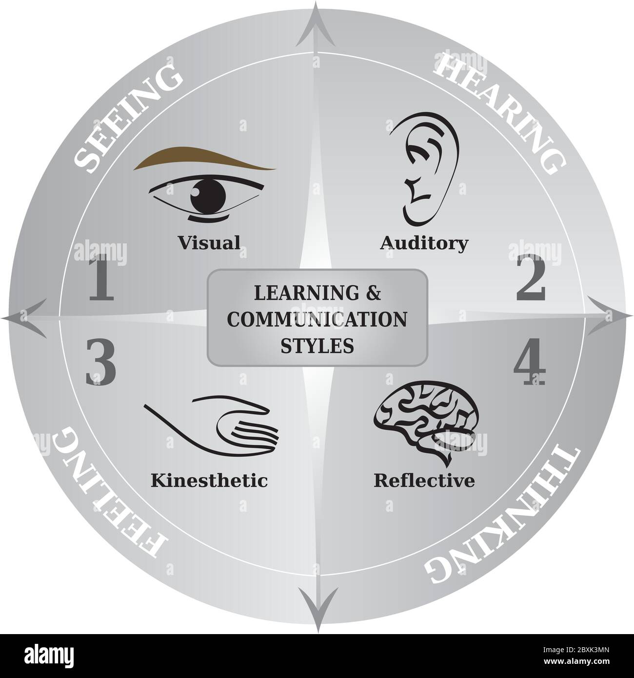 Four Learning Communication Styles Diagram, Life Coaching and NLP Tool - Gray tones - French Language Stock Vector