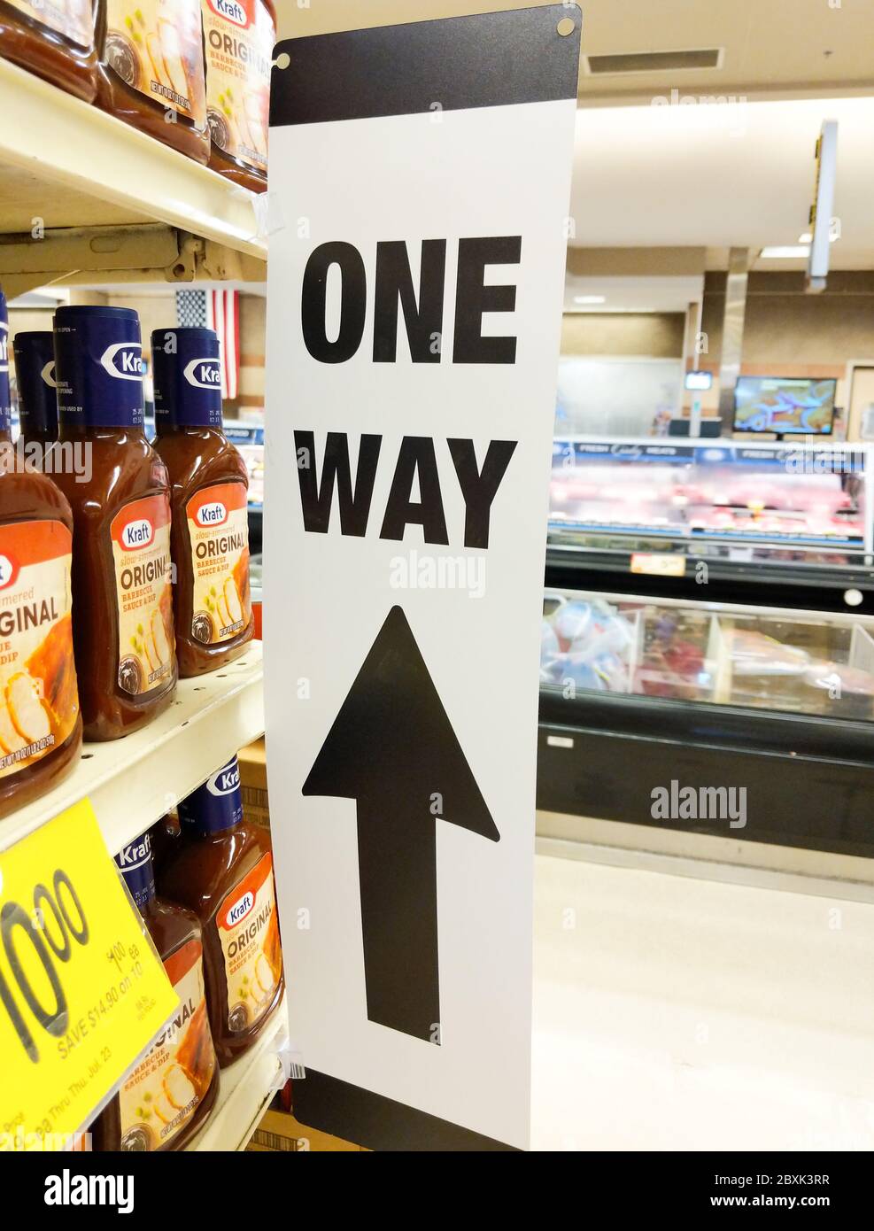 NASHUA, NH / USA JUNE 06, 2020 Social Distancing Signage in Shaw's