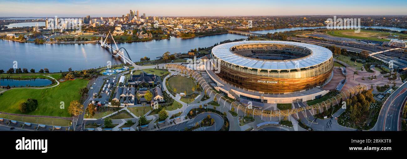 Perth Australia November 5th 2019: Panoramic aerial view of the Optus stadium and Matagarup bridge with the city of Perth in the background. Stock Photo