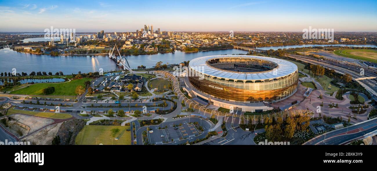 Perth Australia November 5th 2019: Panoramic aerial view of the Optus stadium and Matagarup bridge with the city of Perth in the background. Stock Photo