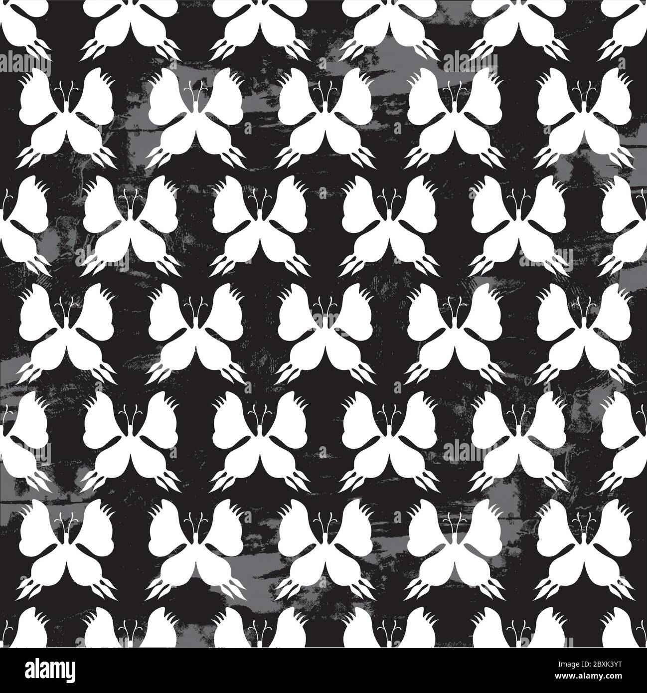 Butterfly Seamless Pattern - Black and White on Grunge Background Stock Vector
