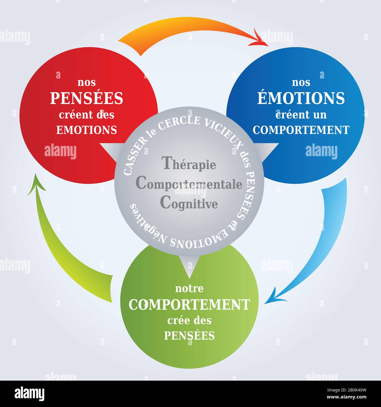 CBT  Diagram - CBT Cycle -  Thoughts create Reality - Psychotherapy Tool - Cognitive Behavioral Therapy in French Language Stock Vector