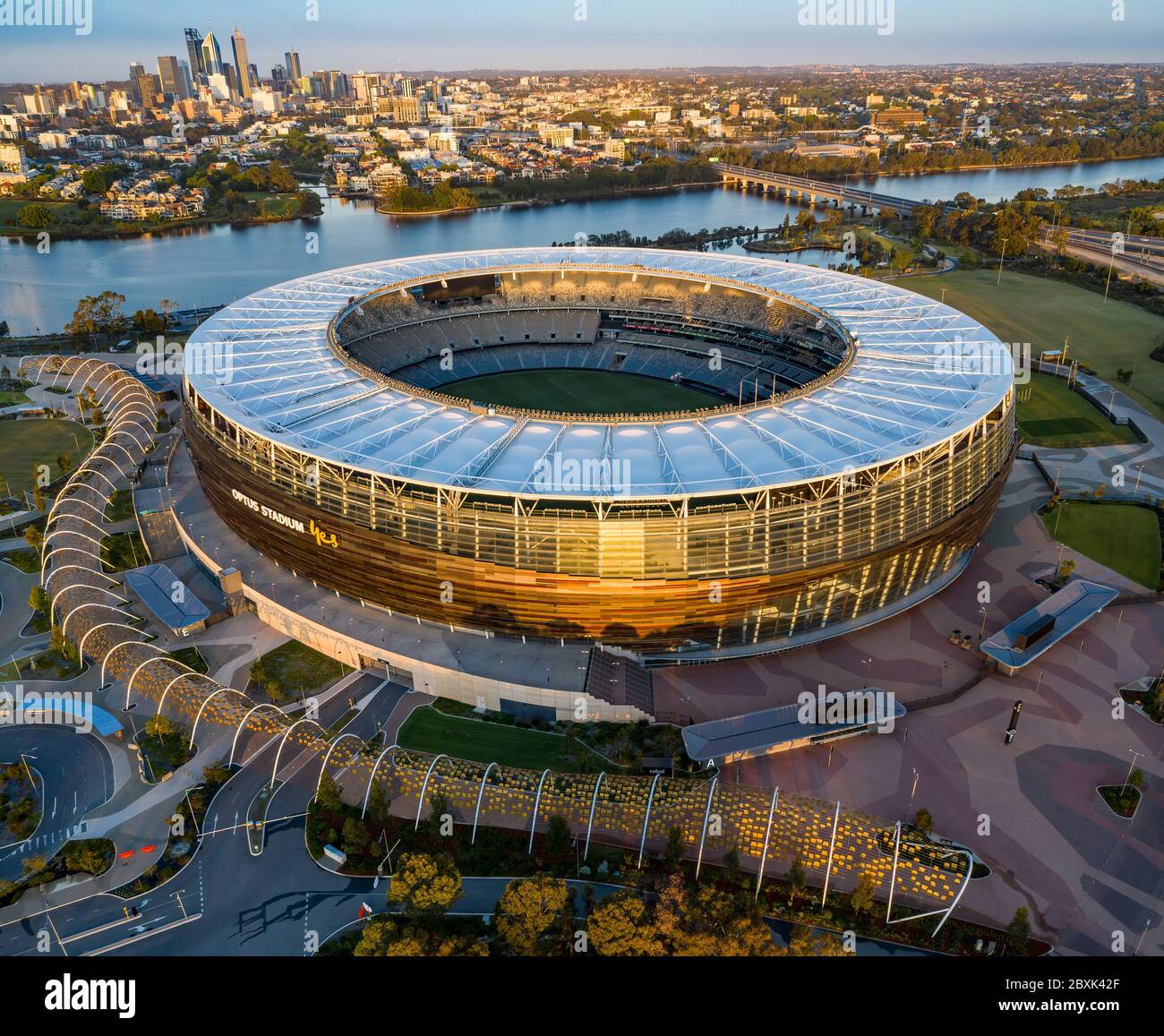 Perth Australia November 5th 2019: Aerial view of the Optus stadium at dawn in Perth, Western Australia Stock Photo