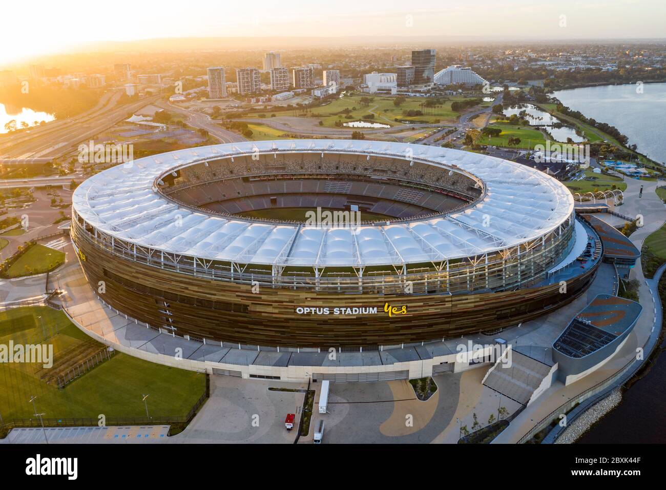 Perth Australia November 5th 2019: Aerial view of the Optus stadium at dawn in Perth, Western Australia Stock Photo