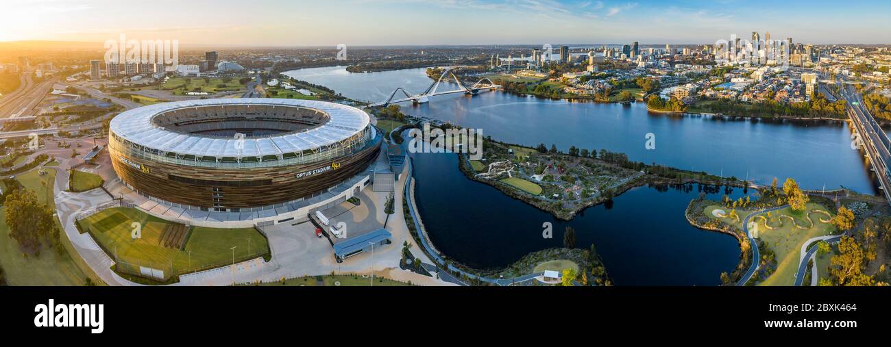 Perth Australia November 5th 2019: Panoramic aerial view of the Optus stadium and Matagarup bridge with the city of Perth in the background. Stock Photo