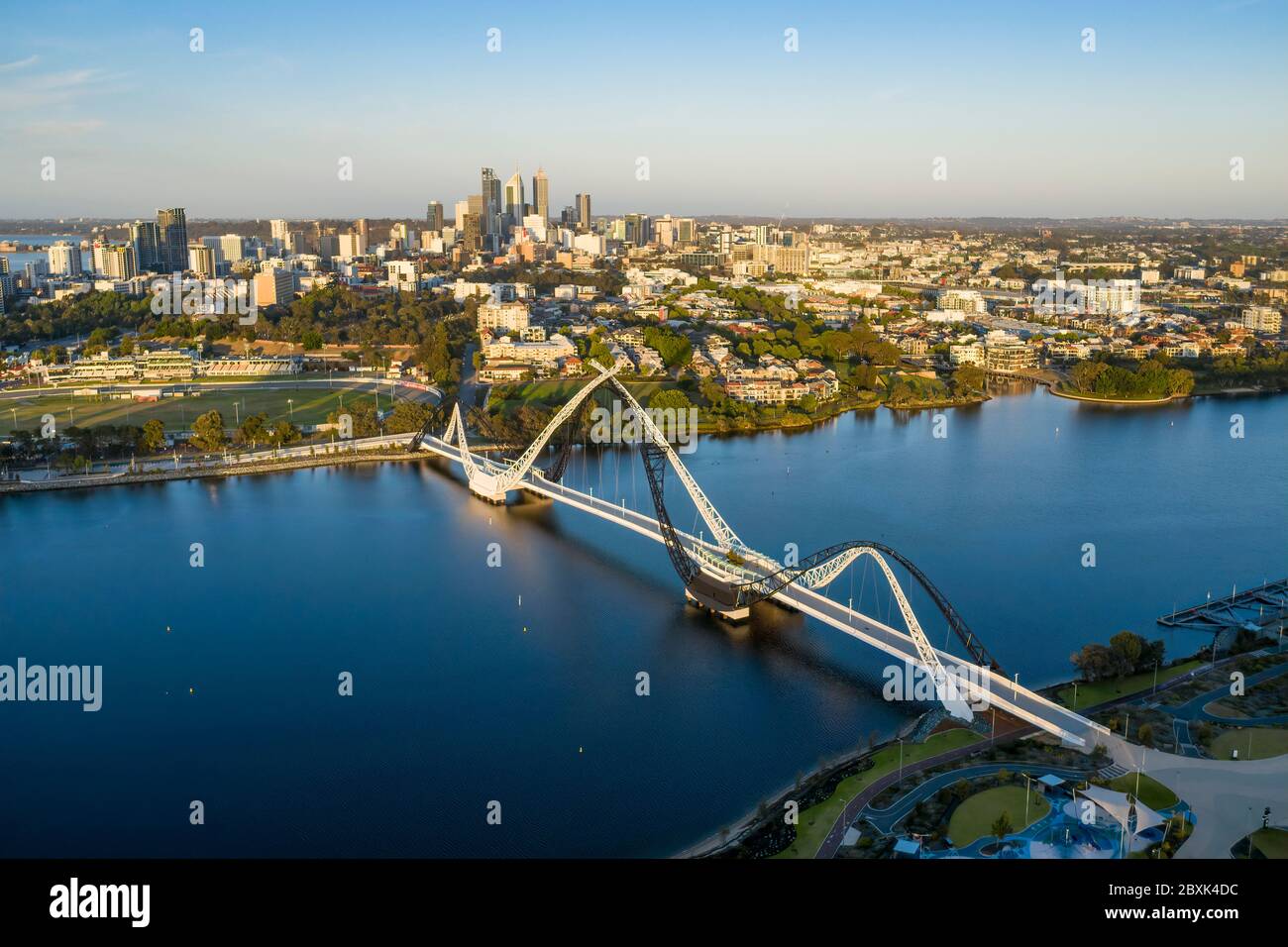 Perth Australia November 5th 2019: Aerial view of Matagarup bridge with the city of Perth, Western Australia in the background Stock Photo