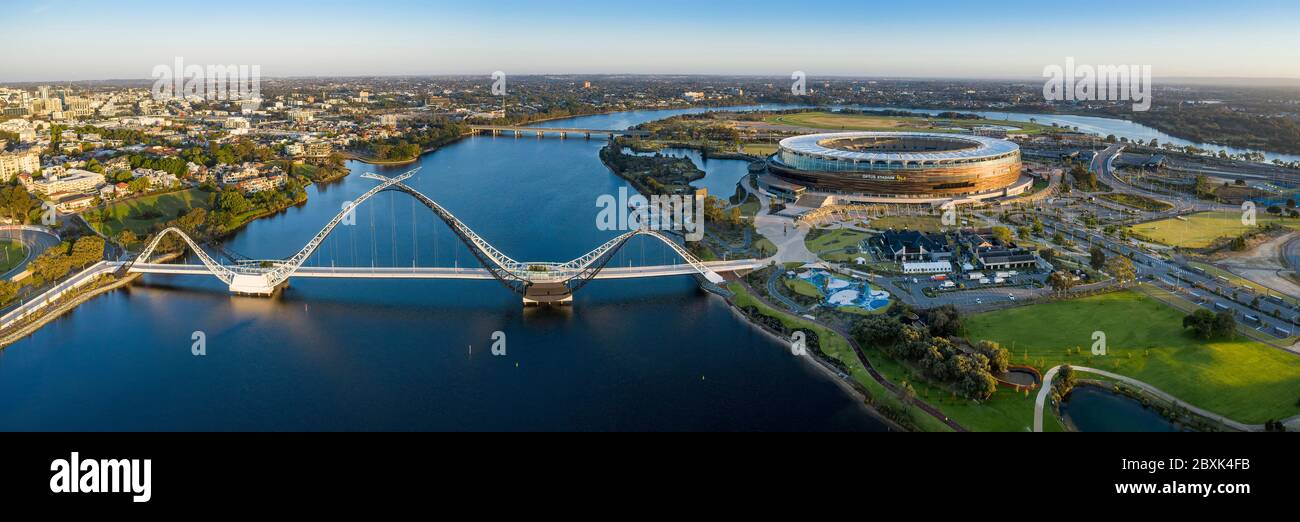 Perth Australia November 5th 2019: Panoramic aerial view of the Optus stadium and Matagarup bridge with the city of Perth in the background. Stock Photo