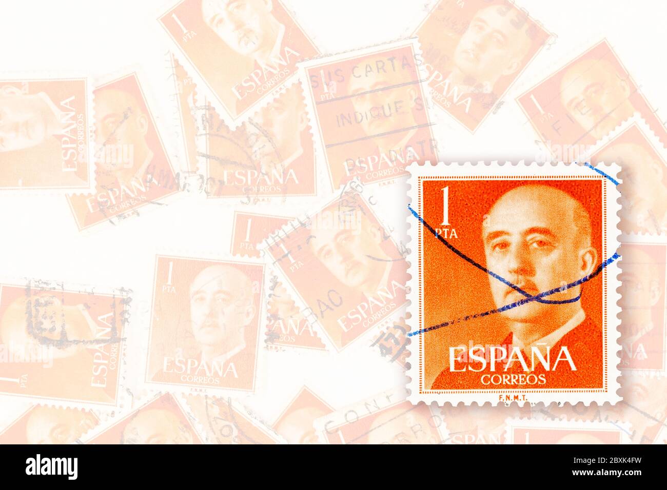 SEATTLE WASHINGTON - June 7, 2020:  General Franco on Spanish stamp from 1955 with pen cancel and  copy space.  Scott # 825 Stock Photo