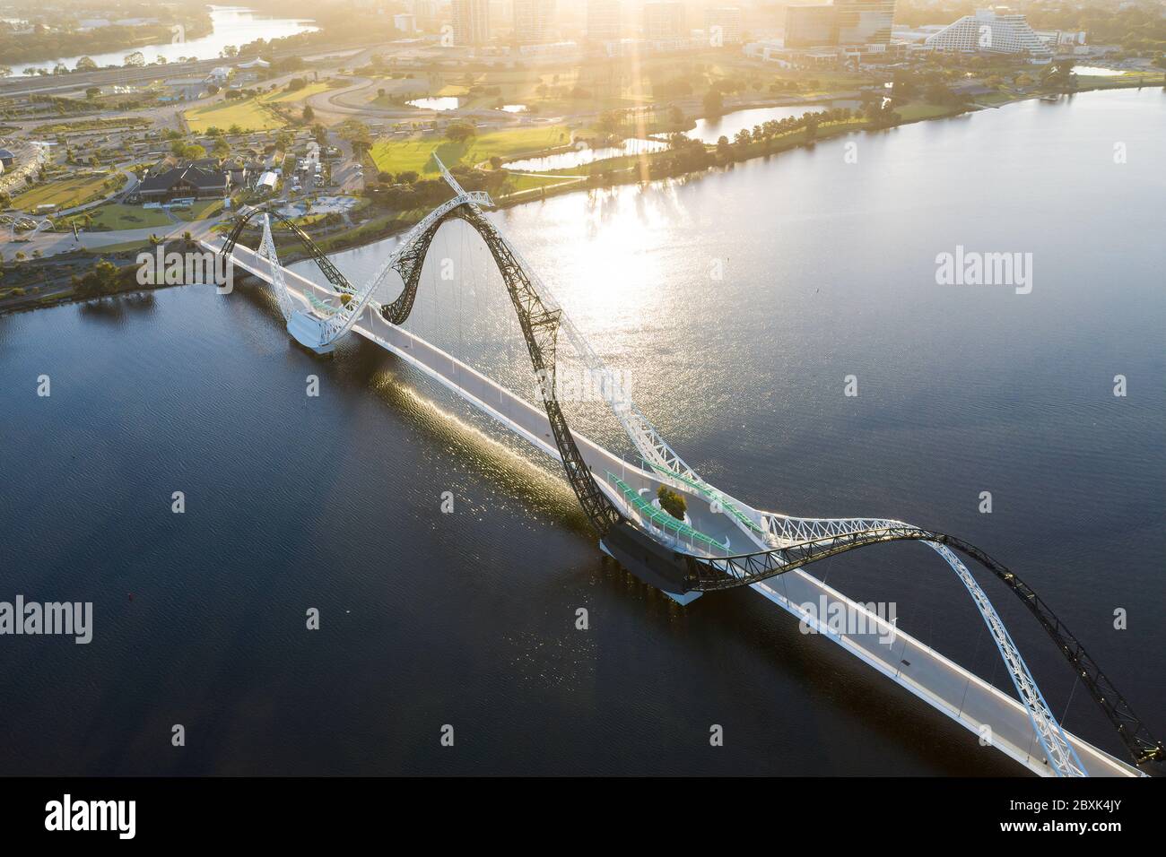 Perth Australia November 5th 2019: Aerial view of Matagarup bridge in Perth, Western Australia at sunrise Stock Photo