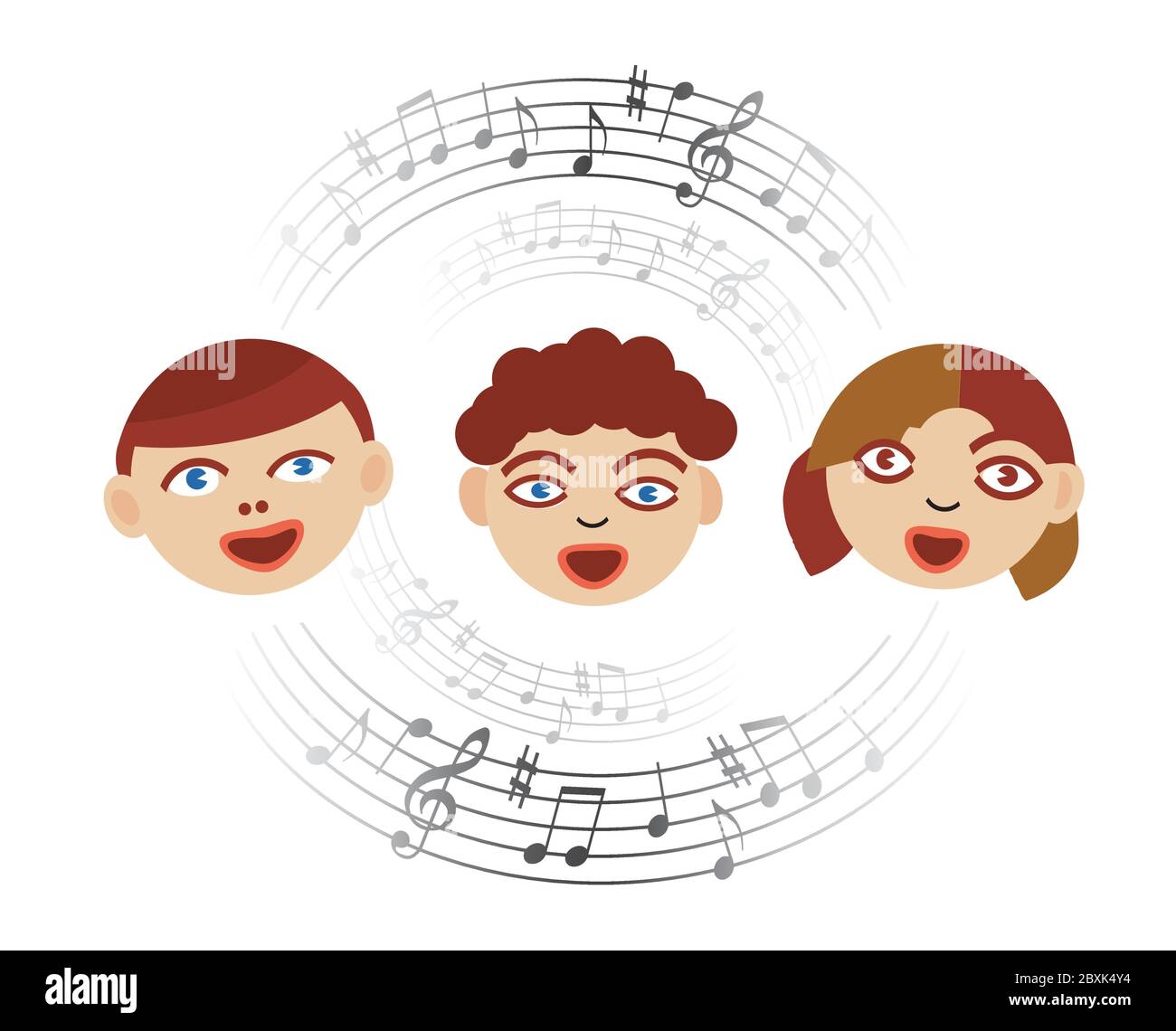 Three Singing children with musical notes. Stylized Illustration of Children's Choir with circle of musical notes. Isolated on white background. Stock Vector