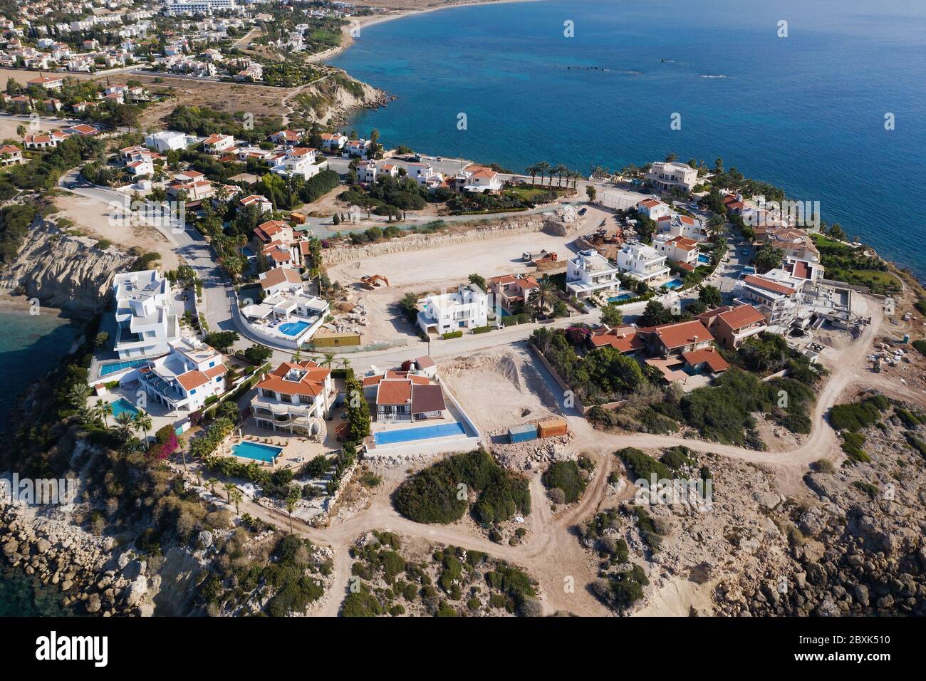 Cyprus, villas buildings on cliff for resort near Paphos city, aerial view. Stock Photo