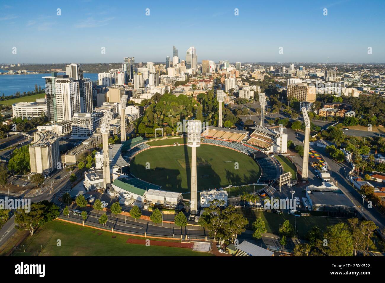 Perth Australia November 5th 2019: Aerial view of the WACA stadium at dawn in Perth, Western Australia Stock Photo