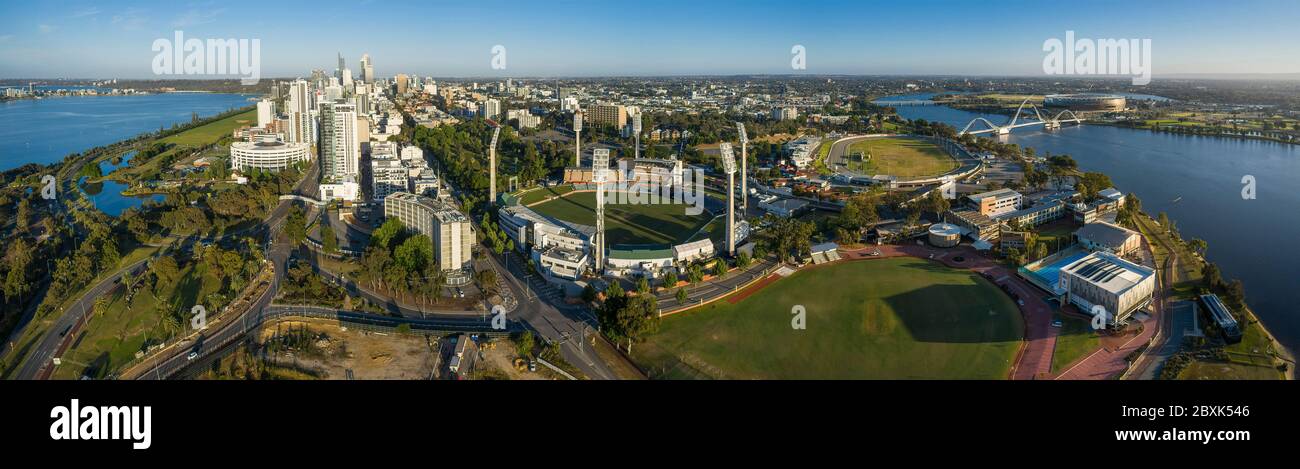 Perth Australia November 5th 2019: Aerial view of the WACA stadium and city of Perth in Western Australia at sunrise Stock Photo