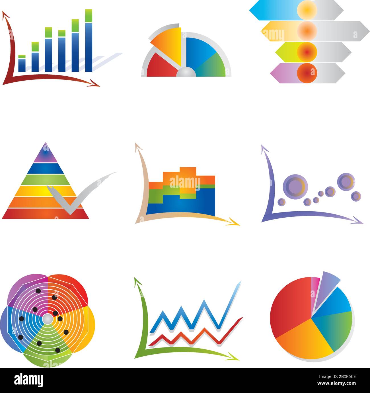 Set of 9 Graph Icons - Different Chart Types in Rainbow Colors Stock Vector