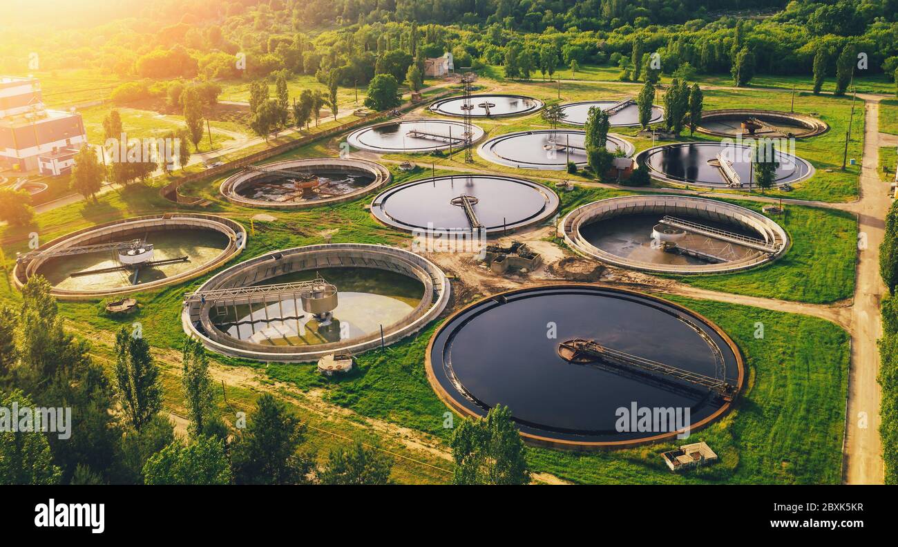 Aerial view of wastewater treatment plant, filtration of dirty or sewage water. Stock Photo