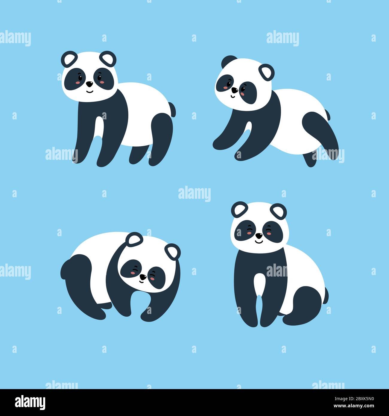 Set of awesome pandas. Vector illustration in flat style on blue ...