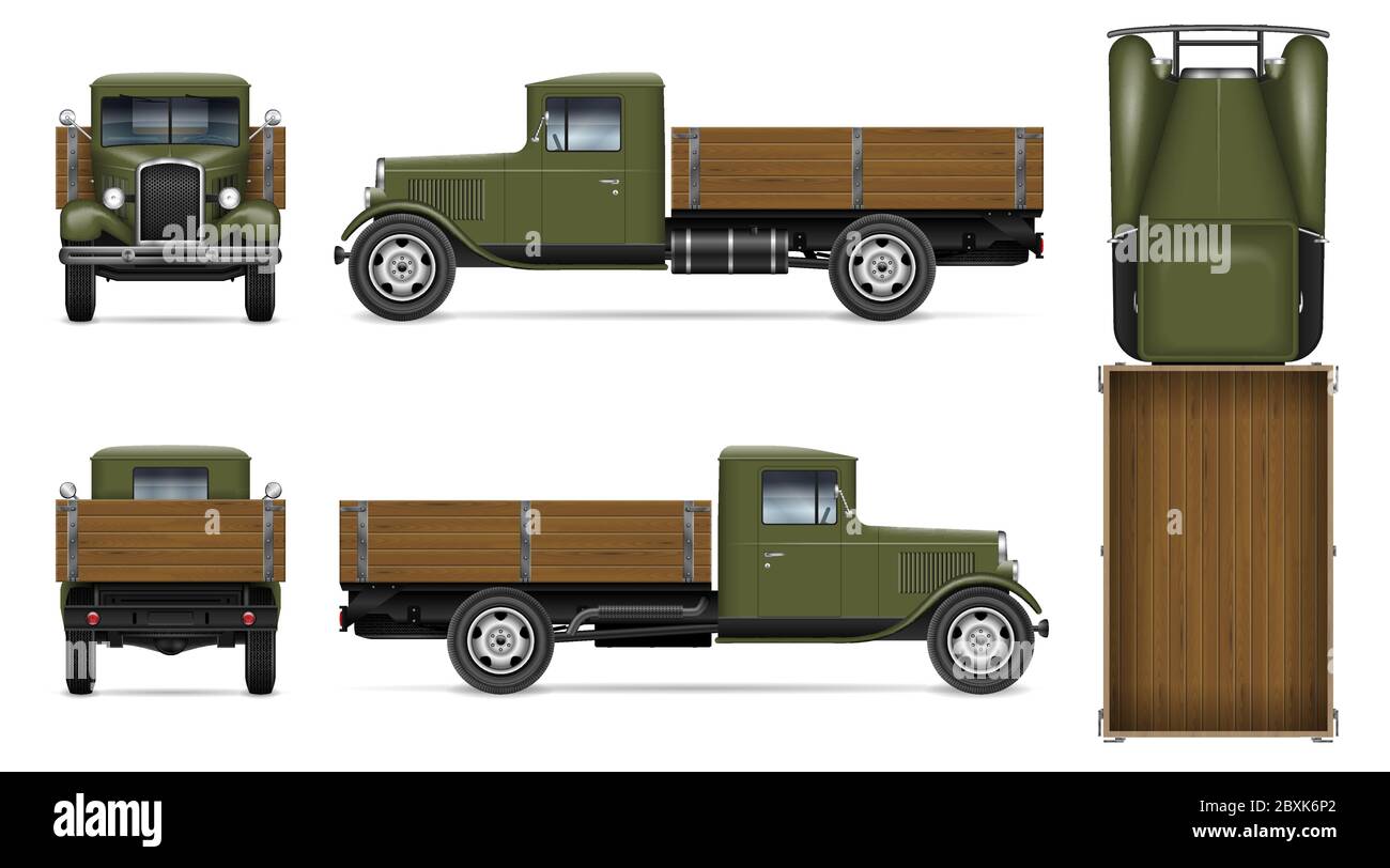 Retro car vector mockup on white background. Isolated green truck view from side, front, back, top. All elements in the groups on separate layers Stock Vector